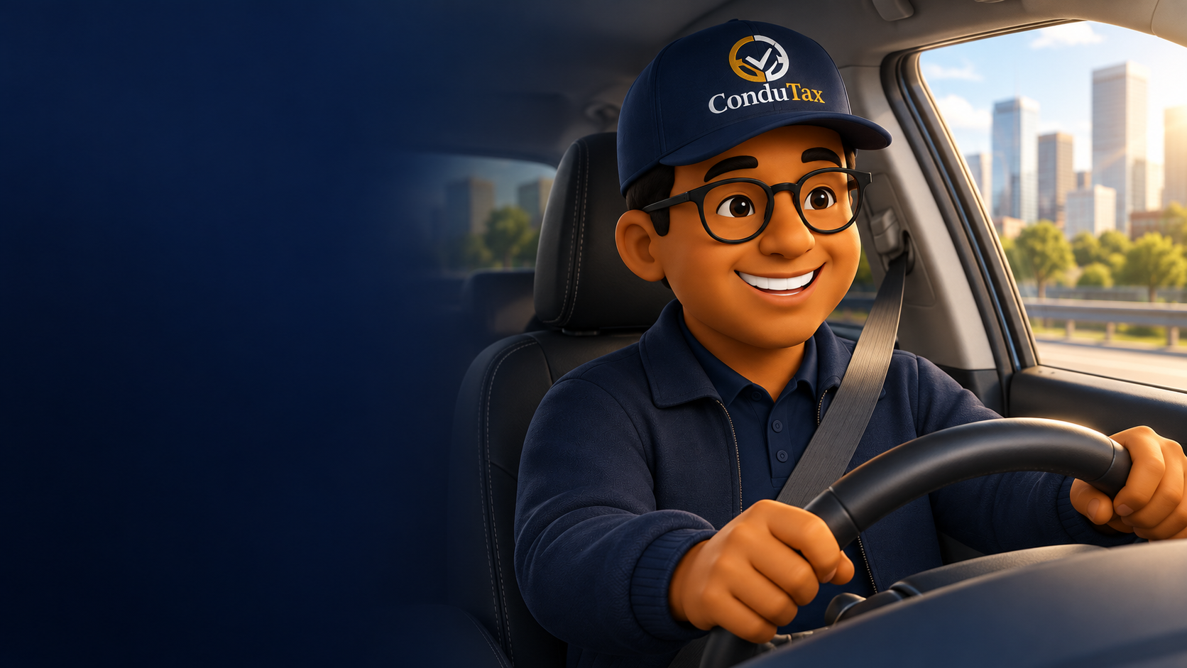 El personaje de ConduTax manejando con cinturón de seguridad